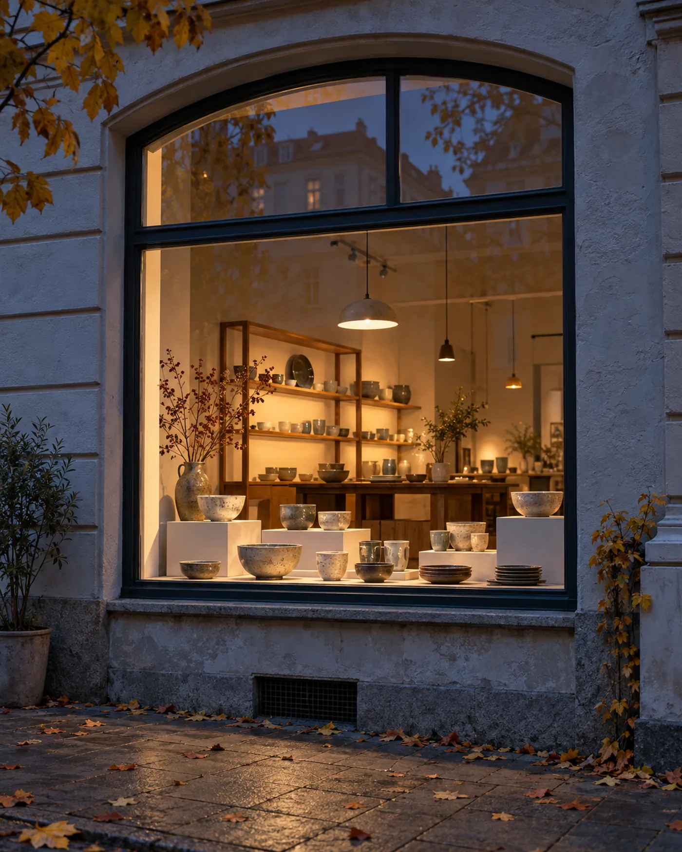 Beleuchtetes Schaufenster einer Keramikwerkstatt am Abend, Schalen und Becher auf weißen Sockeln